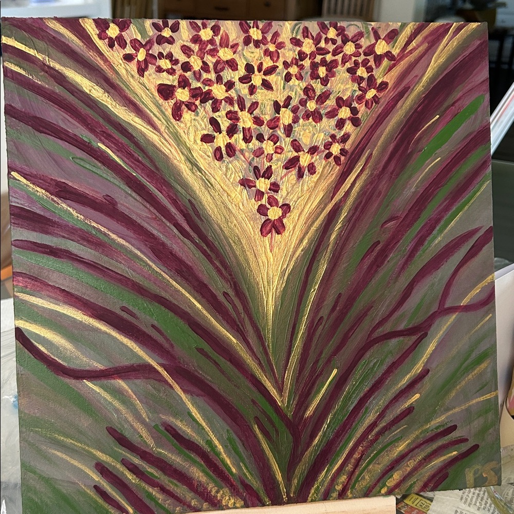 Abstract Floral Canvas Art in Green and Burgundy. Titled: Unlikely duo